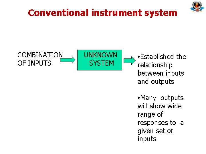 Conventional instrument system COMBINATION OF INPUTS UNKNOWN SYSTEM • Established the relationship between inputs Conventional instrument system COMBINATION OF INPUTS UNKNOWN SYSTEM • Established the relationship between inputs