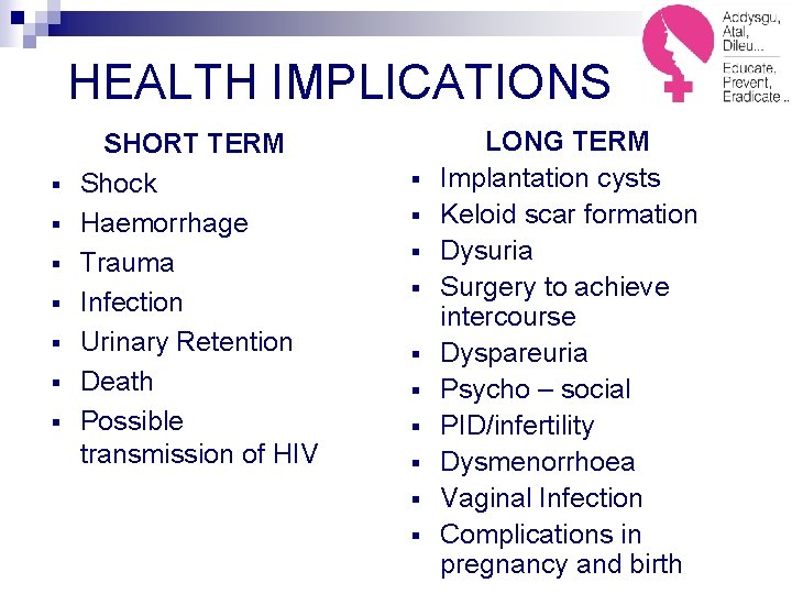 HEALTH IMPLICATIONS § § § § SHORT TERM Shock Haemorrhage Trauma Infection Urinary Retention