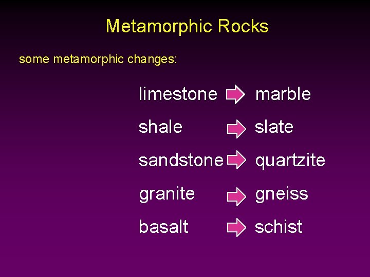 Metamorphic Rocks some metamorphic changes: limestone marble shale slate sandstone quartzite granite gneiss basalt