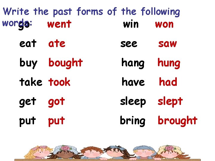 Write the past forms of the following words: go went win won eat ate