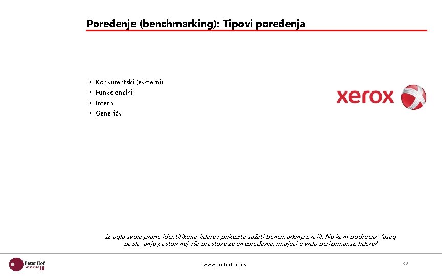 Poređenje (benchmarking): Tipovi poređenja § Konkurentski (eksterni) § Funkcionalni § Interni § Generički Iz