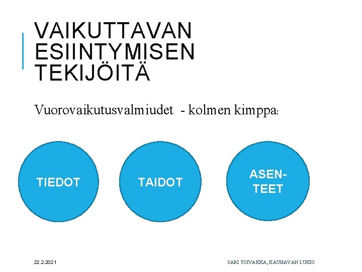 VAIKUTTAVAN ESIINTYMISEN TEKIJÖITÄ Vuorovaikutusvalmiudet - kolmen kimppa: TIEDOT 22. 2. 2021 TAIDOT ASENTEET SARI