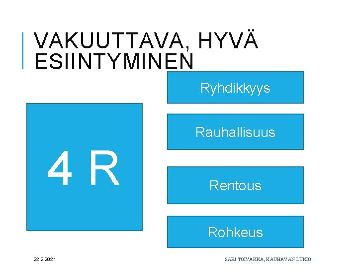 VAKUUTTAVA, HYVÄ ESIINTYMINEN Ryhdikkyys Rauhallisuus 4 R Rentous Rohkeus 22. 2. 2021 SARI TOIVAKKA,