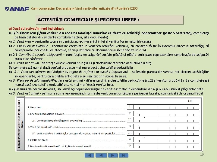 Cum completăm Declaraţia privind veniturile realizate din România D 200 ACTIVITĂŢI COMERCIALE ŞI PROFESII