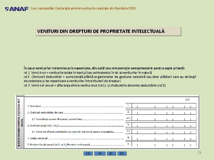 Cum completăm Declaraţia privind veniturile realizate din România D 200 VENITURI DIN DREPTURI DE