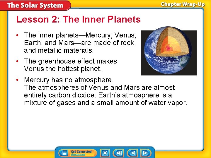 Lesson 2: The Inner Planets • The inner planets—Mercury, Venus, Earth, and Mars—are made