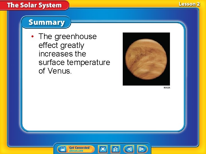  • The greenhouse effect greatly increases the surface temperature of Venus. NASA 