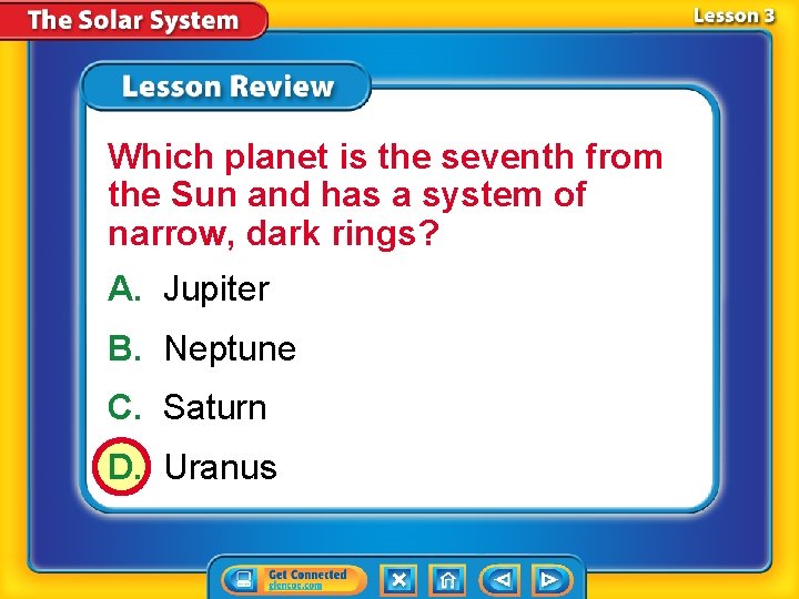 Which planet is the seventh from the Sun and has a system of narrow,