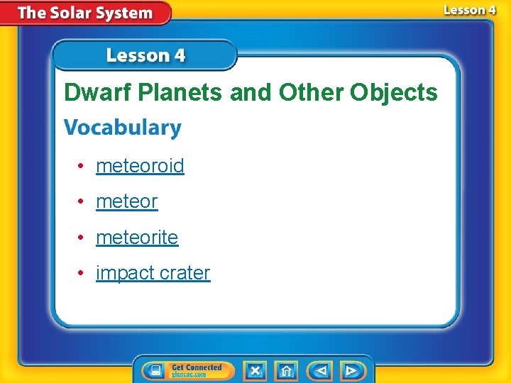 Dwarf Planets and Other Objects • meteoroid • meteorite • impact crater 