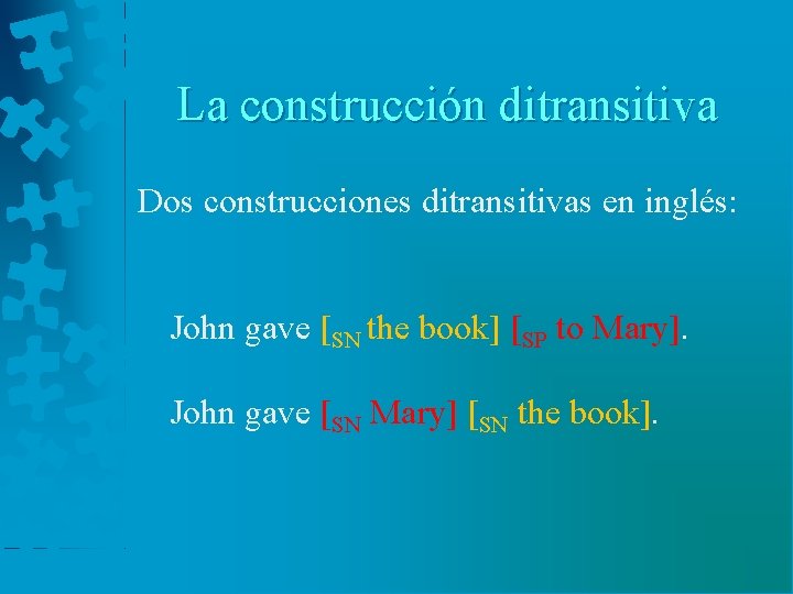 La construcción ditransitiva Dos construcciones ditransitivas en inglés: John gave [SN the book] [SP