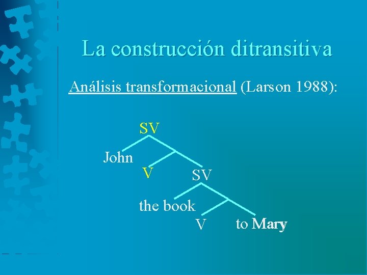 La construcción ditransitiva Análisis transformacional (Larson 1988): SV John V SV the book V