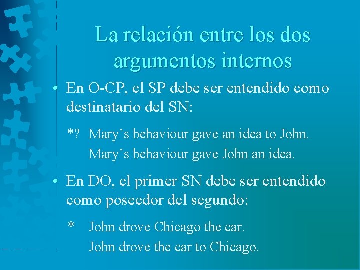 La relación entre los dos argumentos internos • En O-CP, el SP debe ser