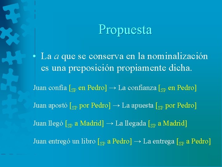 Propuesta • La a que se conserva en la nominalización es una preposición propiamente