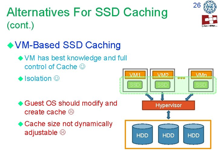 Alternatives For SSD Caching 26 (cont. ) VM-Based SSD Caching VM has best knowledge Alternatives For SSD Caching 26 (cont. ) VM-Based SSD Caching VM has best knowledge