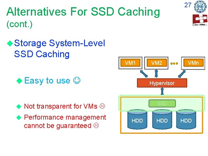 Alternatives For SSD Caching 27 (cont. ) Storage System-Level SSD Caching VM 1 Easy Alternatives For SSD Caching 27 (cont. ) Storage System-Level SSD Caching VM 1 Easy