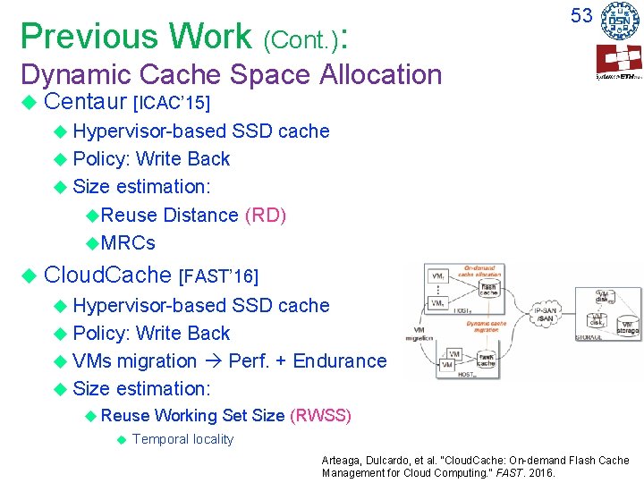 Previous Work (Cont. ): 53 Dynamic Cache Space Allocation Centaur [ICAC’ 15] Hypervisor-based SSD