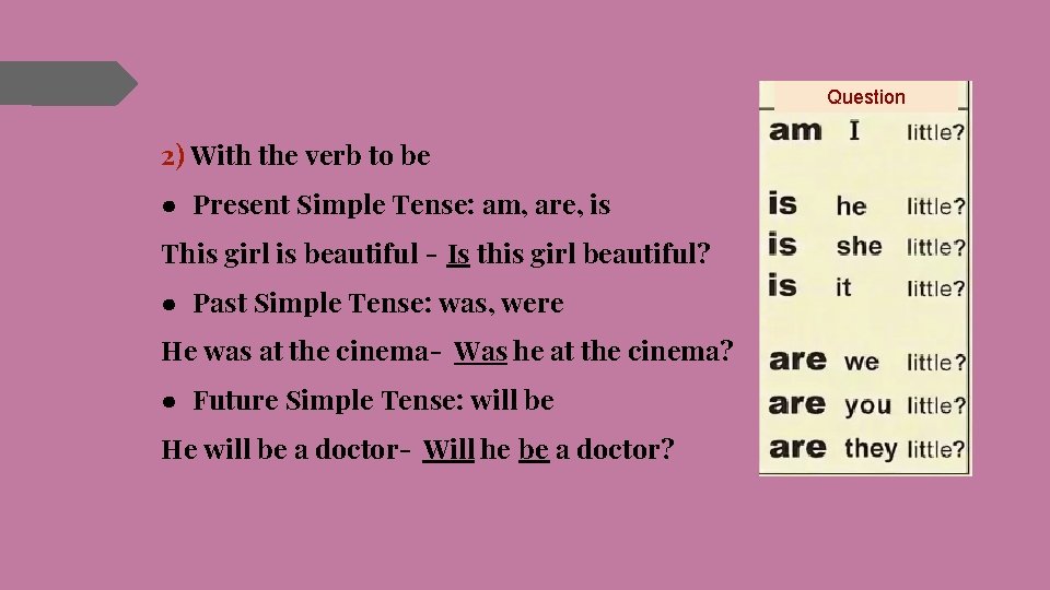 Question 2) With the verb to be ● Present Simple Tense: am, are, is