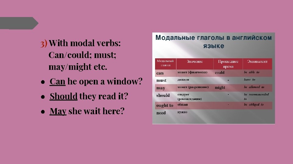 3) With modal verbs: Can/could; must; may/might etc. ● Can he open a window?