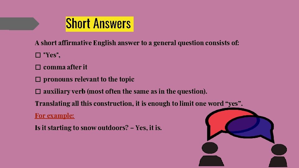Short Answers A short affirmative English answer to a general question consists of: �