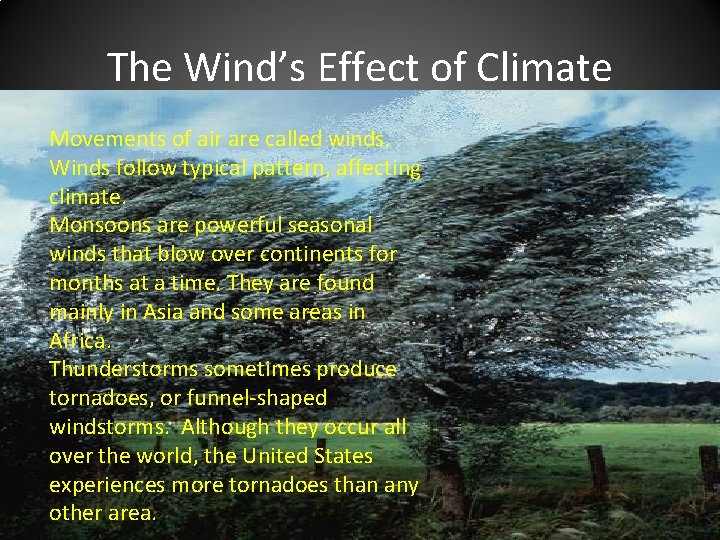 The Wind’s Effect of Climate Movements of air are called winds. Winds follow typical