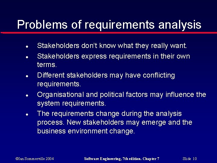 Problems of requirements analysis Stakeholders don’t know what they really want. Stakeholders express requirements