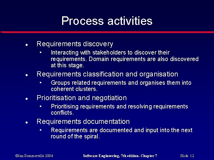 Process activities Requirements discovery • Requirements classification and organisation • Groups related requirements and