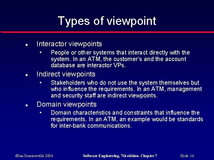 Types of viewpoint Interactor viewpoints • Indirect viewpoints • People or other systems that