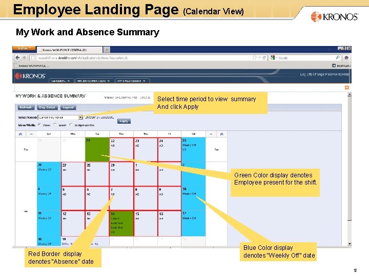 Employee Landing Page (Calendar View) My Work and Absence Summary Select time period to