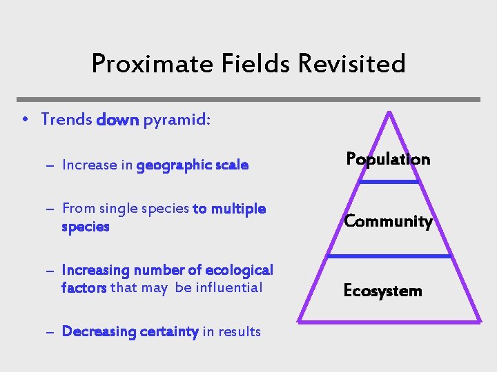 Proximate Fields Revisited • Trends down pyramid: – Increase in geographic scale Population –