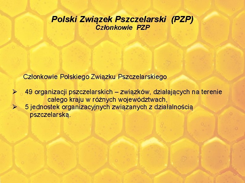Polski Związek Pszczelarski (PZP) Członkowie PZP Członkowie Polskiego Związku Pszczelarskiego 49 organizacji pszczelarskich –
