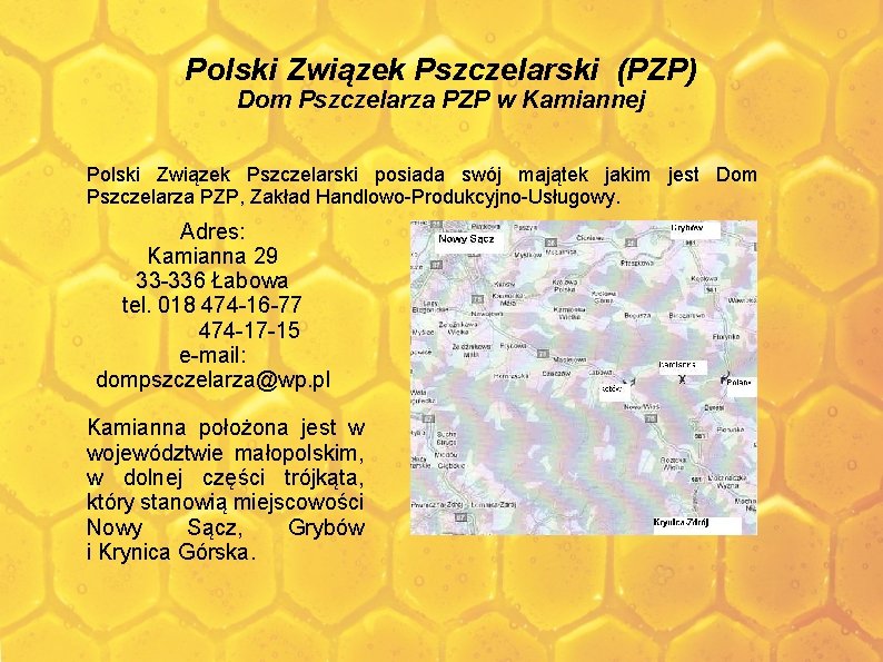 Polski Związek Pszczelarski (PZP) Dom Pszczelarza PZP w Kamiannej Polski Związek Pszczelarski posiada swój