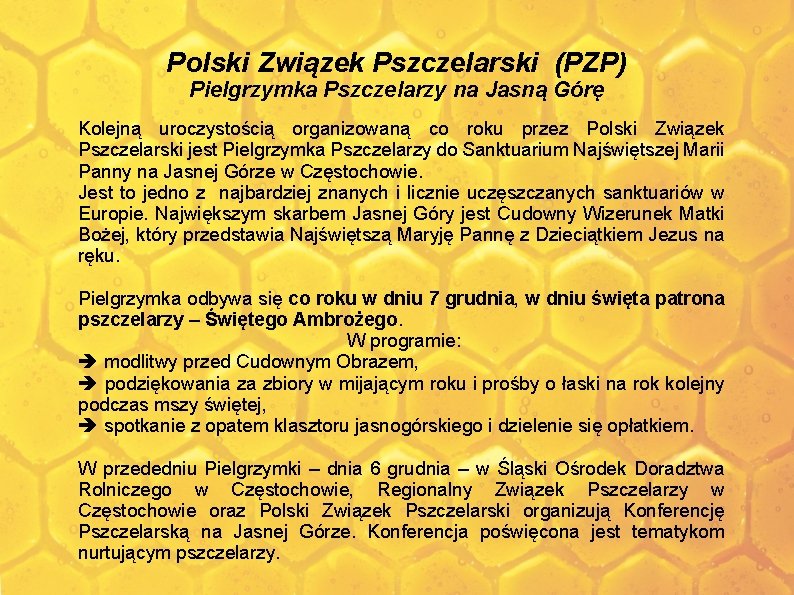 Polski Związek Pszczelarski (PZP) Pielgrzymka Pszczelarzy na Jasną Górę Kolejną uroczystością organizowaną co roku