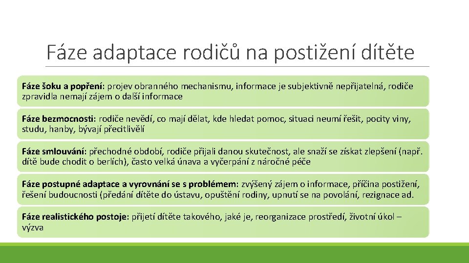 Fáze adaptace rodičů na postižení dítěte Fáze šoku a popření: projev obranného mechanismu, informace