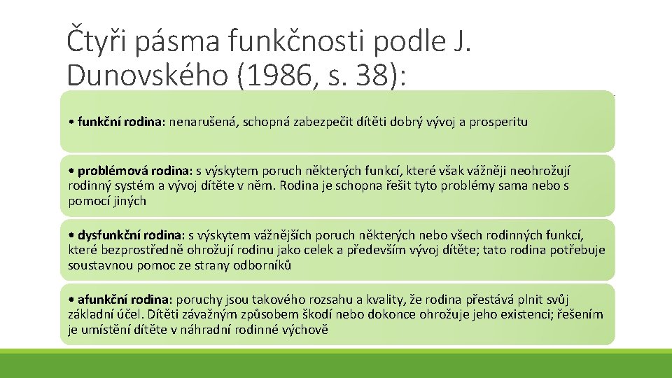 Čtyři pásma funkčnosti podle J. Dunovského (1986, s. 38): • funkční rodina: nenarušená, schopná