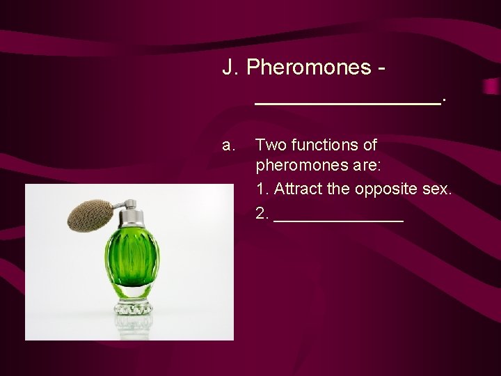 J. Pheromones ________. a. Two functions of pheromones are: 1. Attract the opposite sex.