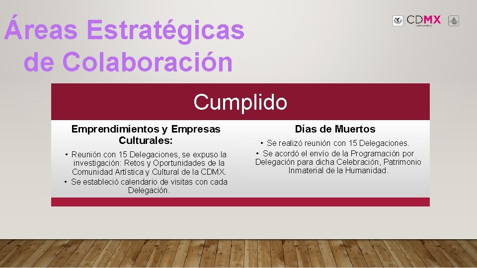 Áreas Estratégicas de Colaboración Cumplido Emprendimientos y Empresas Culturales: • Reunión con 15 Delegaciones,