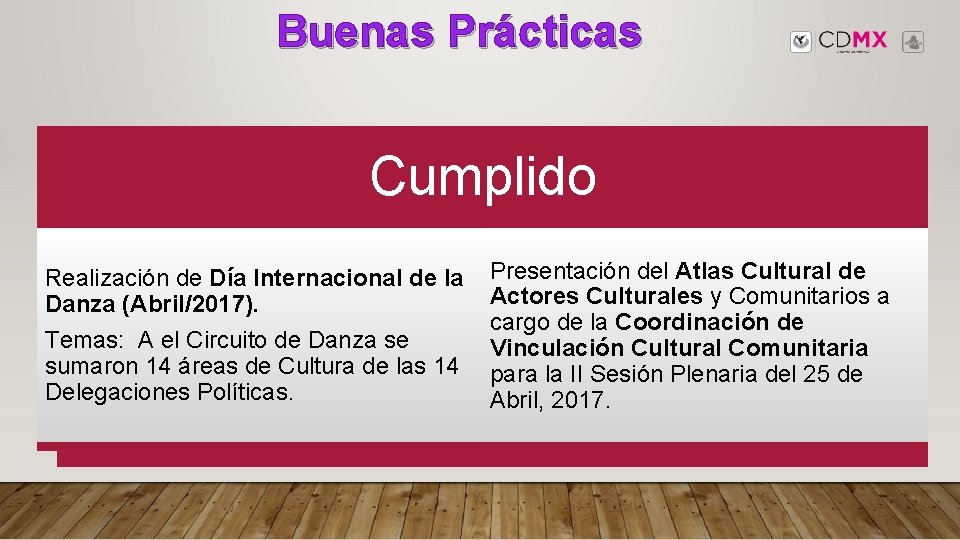 Buenas Prácticas Cumplido Realización de Día Internacional de la Danza (Abril/2017). Temas: A el