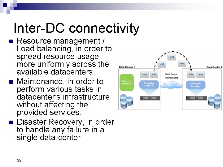 Inter-DC connectivity n n n Resource management / Load balancing, in order to spread