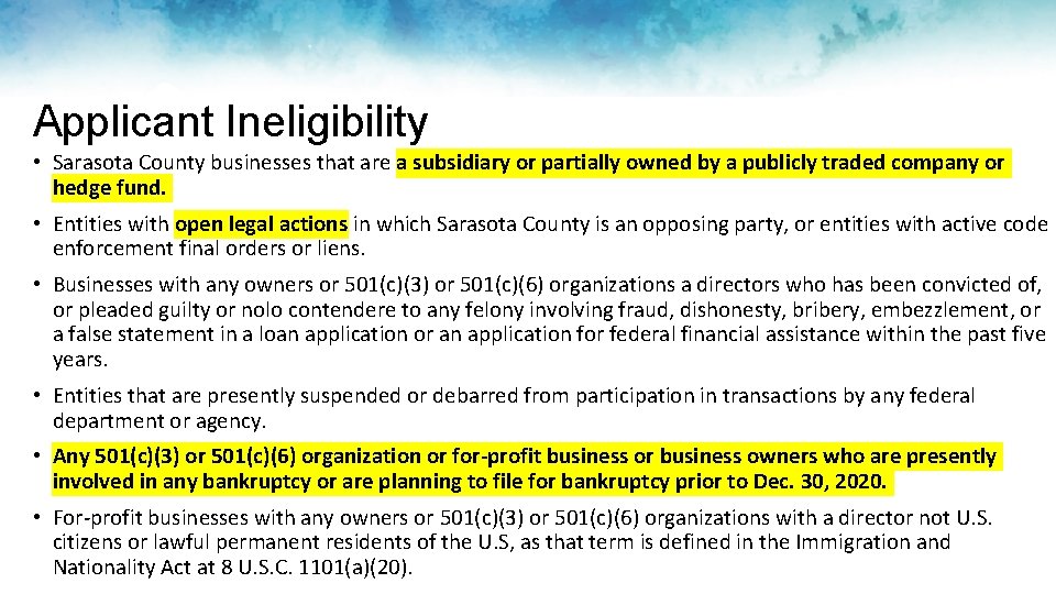 Applicant Ineligibility • Sarasota County businesses that are a subsidiary or partially owned by Applicant Ineligibility • Sarasota County businesses that are a subsidiary or partially owned by
