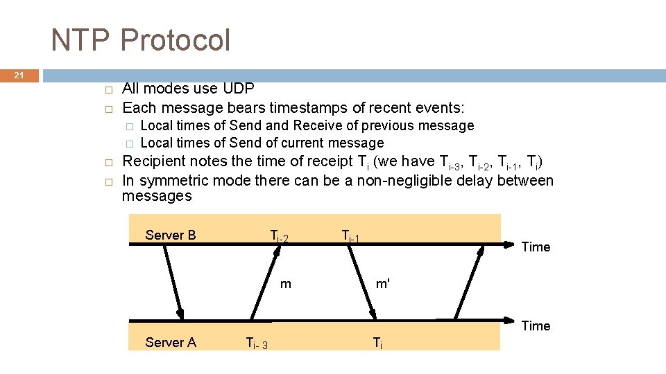 NTP Protocol 21 All modes use UDP Each message bears timestamps of recent events: