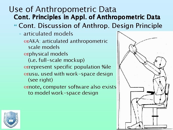 Use of Anthropometric Data Cont. Principles in Appl. of Anthropometric Data Cont. Discussion of