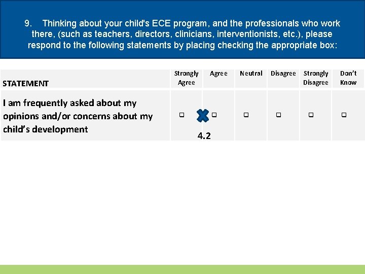 9. Thinking about your child's ECE program, and the professionals who work there, (such