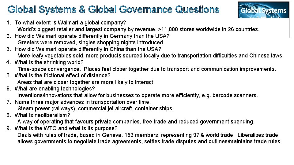 Global Systems & Global Governance Questions 1. Global Systems and Global To what extent