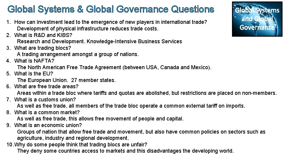 Global Systems & Global Governance Questions Global Systems and Global Governance 1. How can