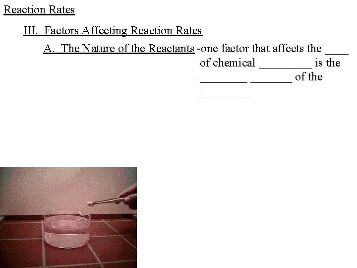 Reaction Rates III. Factors Affecting Reaction Rates A. The Nature of the Reactants -one