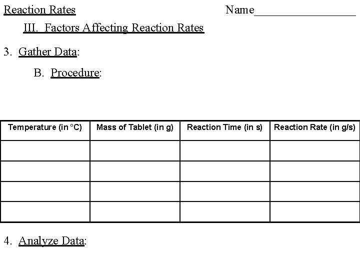 Reaction Rates III. Factors Affecting Reaction Rates Name_________ 3. Gather Data: B. Procedure: Temperature