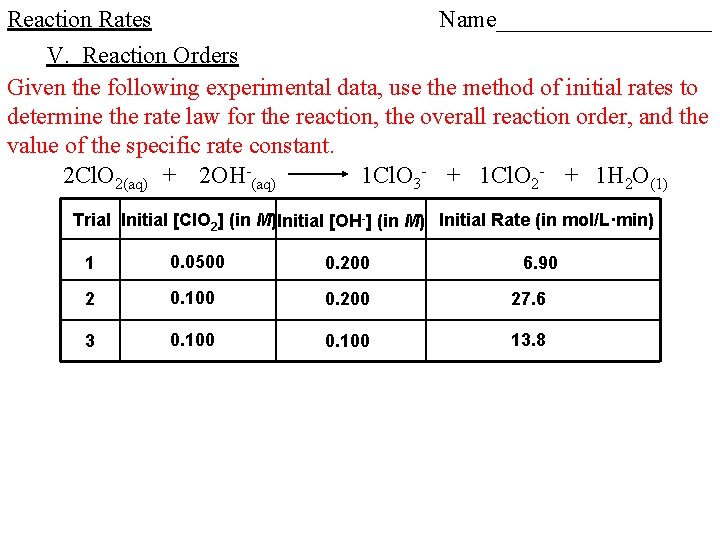 Reaction Rates Name_________ V. Reaction Orders Given the following experimental data, use the method Reaction Rates Name_________ V. Reaction Orders Given the following experimental data, use the method