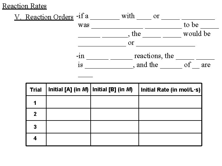 Reaction Rates V. Reaction Orders -if a ____ with ____ or _________ was _______ Reaction Rates V. Reaction Orders -if a ____ with ____ or _________ was _______