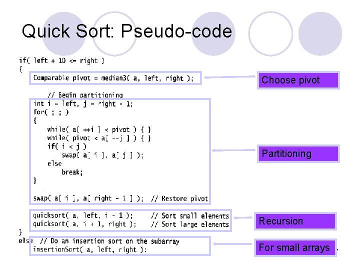 Quick Sort: Pseudo-code Choose pivot Partitioning Recursion For small arrays 17 