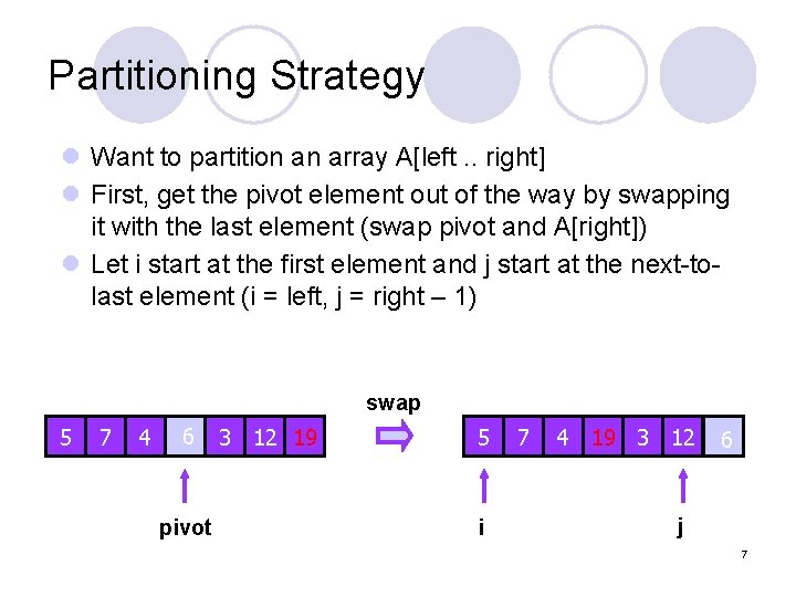 Partitioning Strategy l Want to partition an array A[left. . right] l First, get
